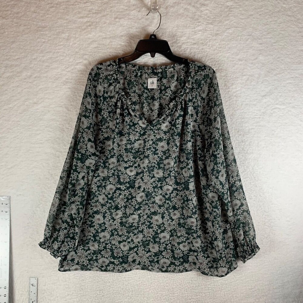 CABI Women's Green Floral Print Long Sleeve Boho Peasant Top Blouse Size M 9736